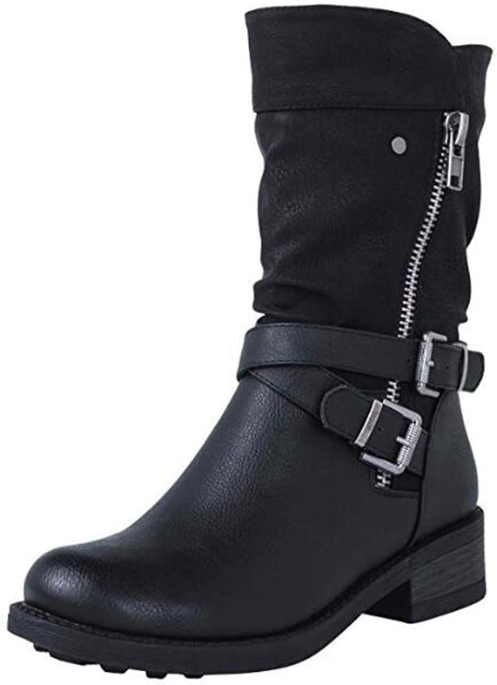 woobles Boots for Women,Women Platform Mid Calf Boots Composite Steel Toe Slide Zipper Ladies Trendy Chelsea Work Motorcycle Riding Combat Boots (Black, 10.5) - Image 1